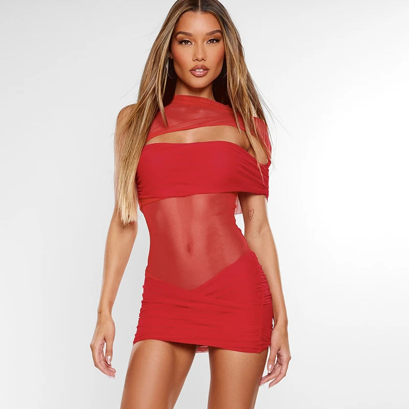 Round Neck Pullover Meh See-Through Hollow Out Wait Hip Wrap Dress