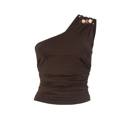 One-Shoulder Bead Link Ruched Tank Top BROWN