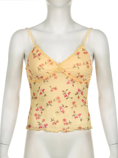 Yellow Floral Mesh See-Through Camisole Top