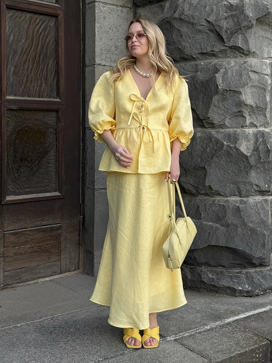 Yellow Cotton Short Sleeve Top and High Waist Midi Skirt Set