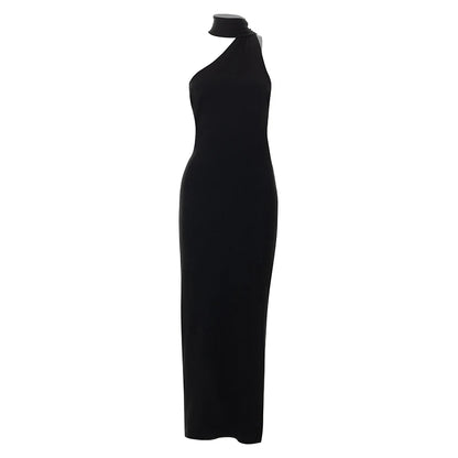 Elegant Halter Backless Dress with Pearl Strap BLACK