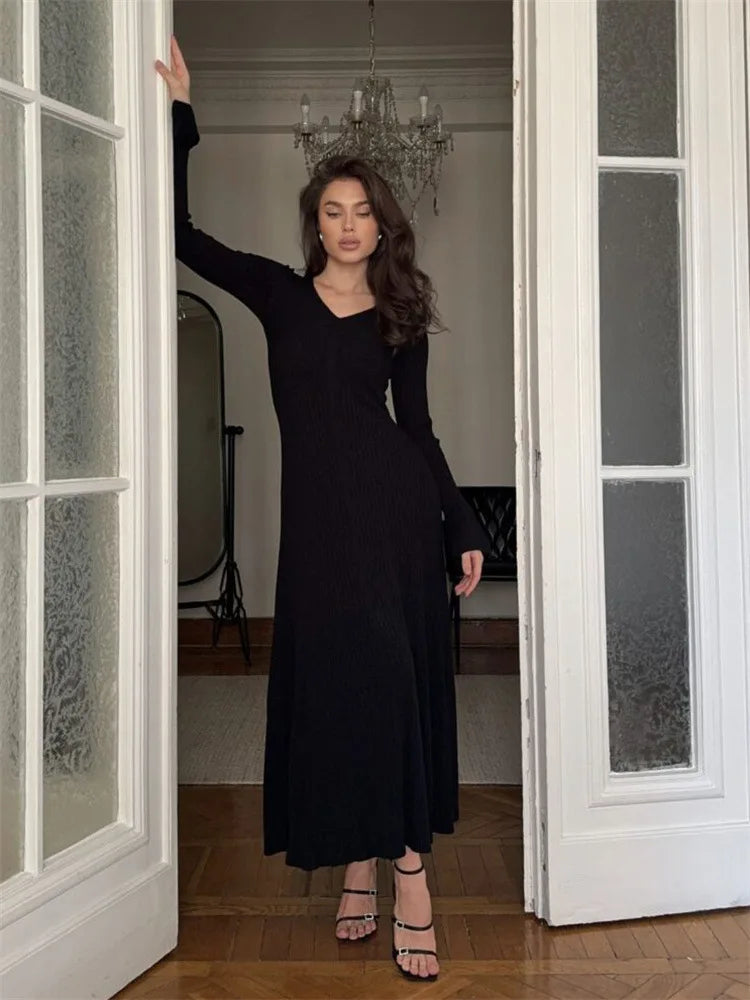V-Neck Ribbed Knit Dress Patchwork Ruffled Slim High Waist Long Sleeve Bodycon Dress Knit Vintage Maxi Dress