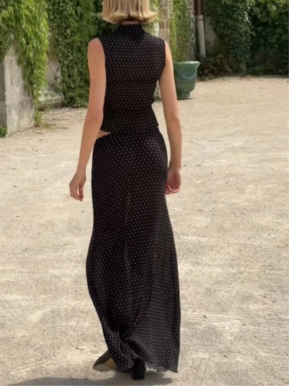 Black Polka Dot Mesh Sheer Top and Long Skirt Two Piece Set