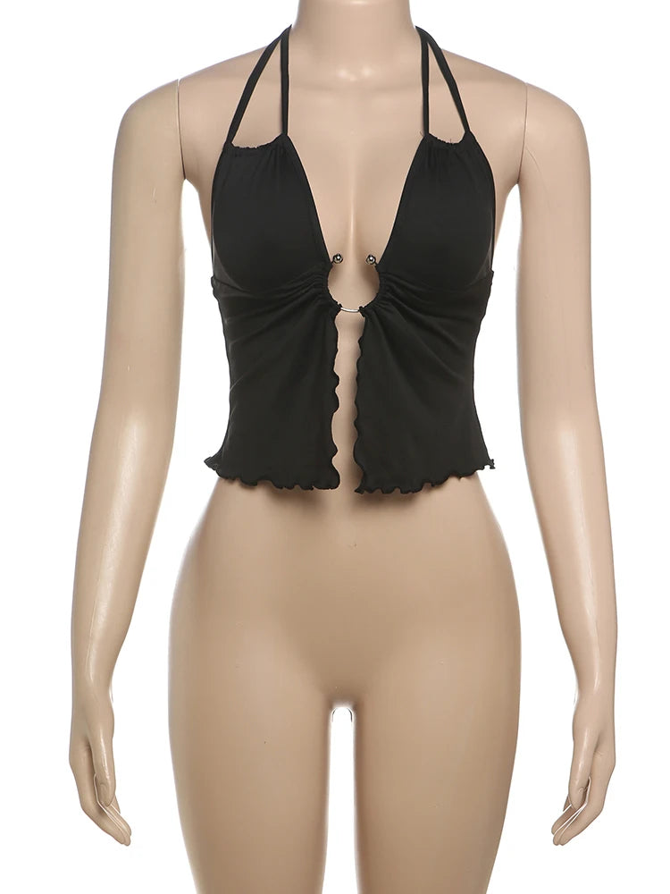 Irregular Hollow Camiole Lace-Up Halter Ruched Ruffle Hem Top