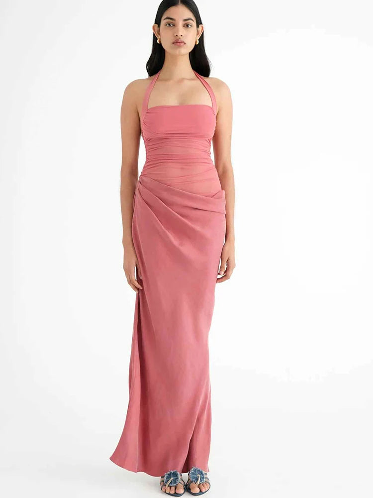 Hollow Out Halter Maxi Dress Coffee See Through Dress Slim
