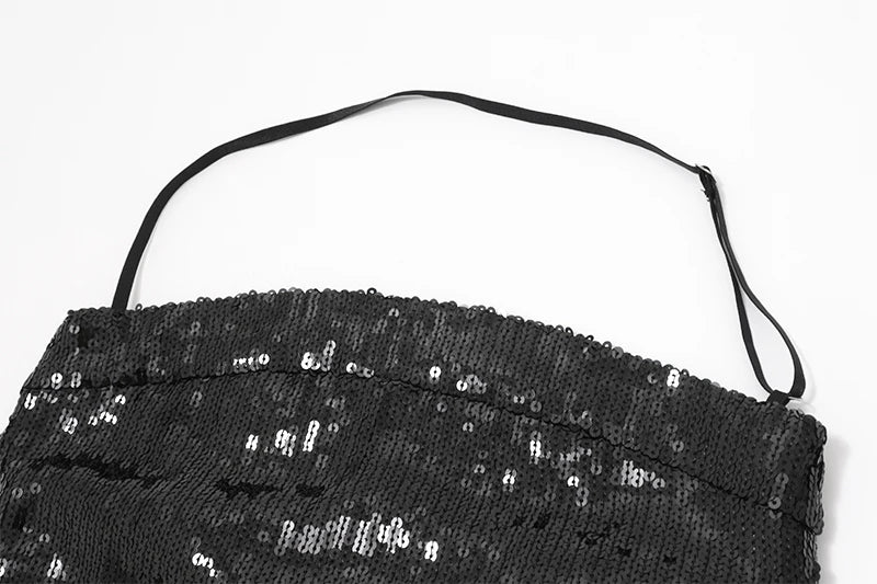 Black Sequin Halter Backless Top