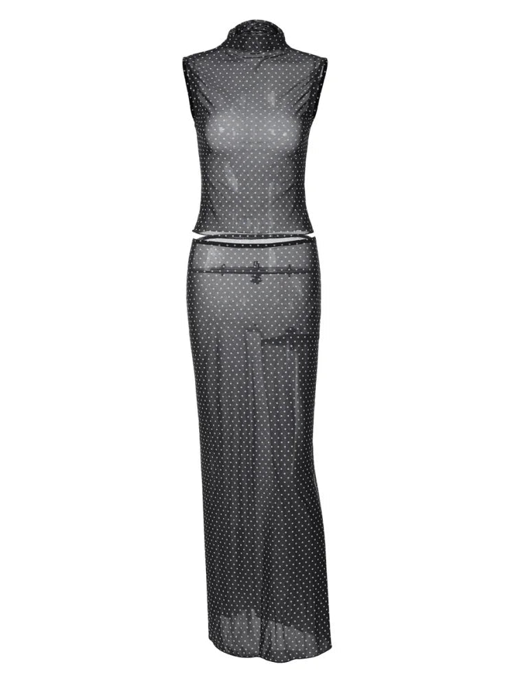 Black Polka Dot Mesh Sheer Top and Long Skirt Two Piece Set