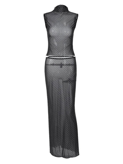 Black Polka Dot Mesh Sheer Top and Long Skirt Two Piece Set