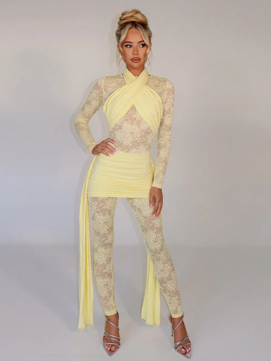 One Piece Long Sleeve See Through Lace Mesh Jumpsuit