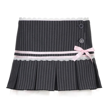 Black High Waist Mini Skirt with Pink Bow