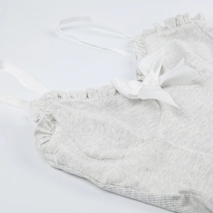Lace Ruffles Bow Top - Elegant Gray Camis