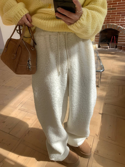 Loose Lamb Wool Trousers Drawstring Wide Leg Pants Pockets Bottoms