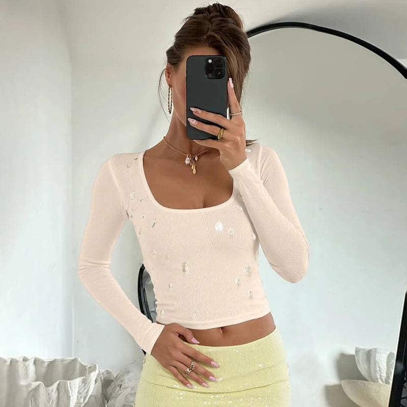 Knit Square Collar Long Sleeve Slim Water Droplets Diamond Top