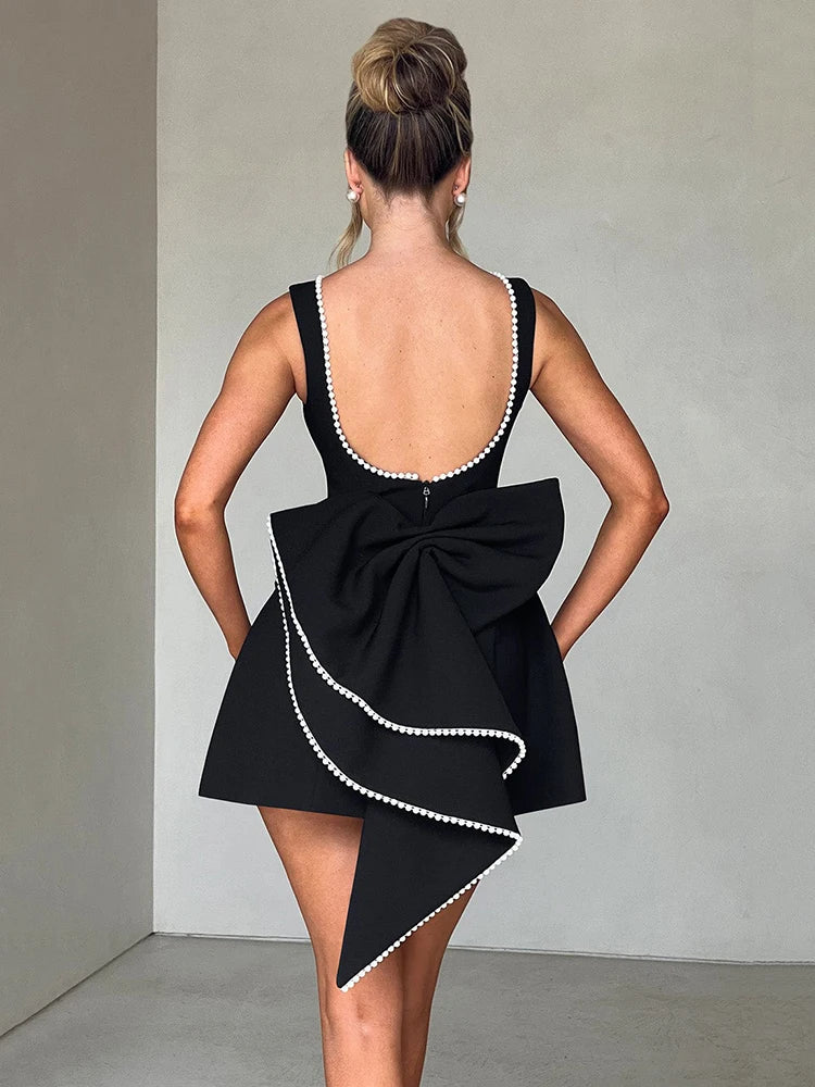 Pearl Bow Backless Mini Dress Zipper Sleeveless High Waist A-line Dress