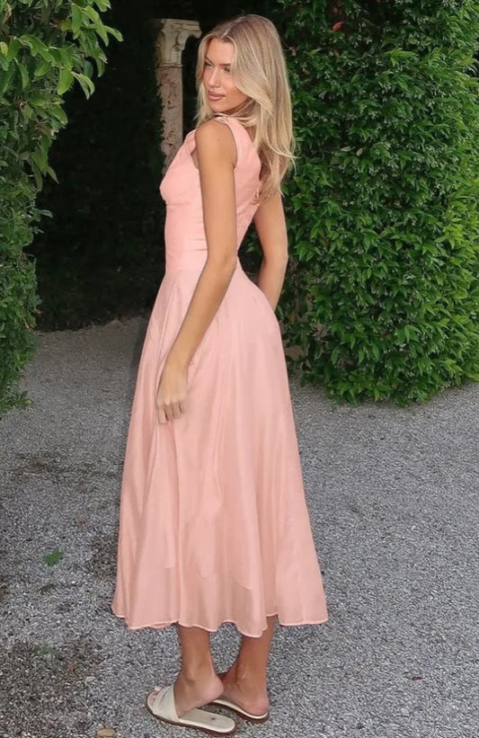 Pink V-Neck Sleeveless Chiffon Patchwork Midi Dress