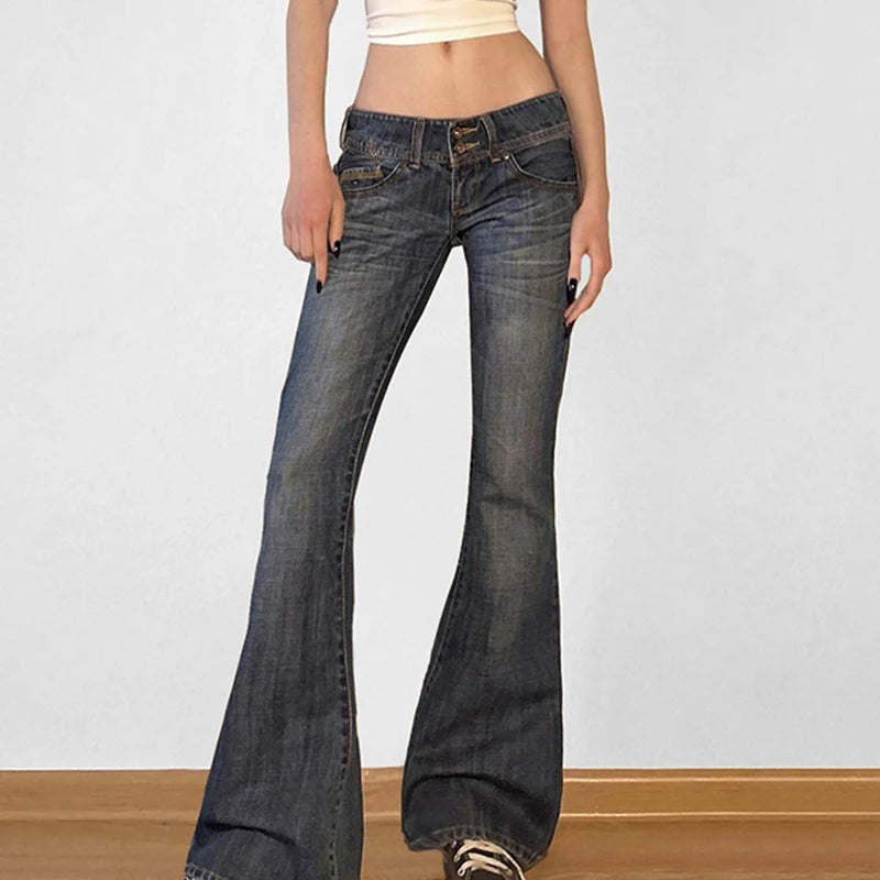 Low Waisted Washed Flared Jeans Button Pants Slim Pockets Bottoms
