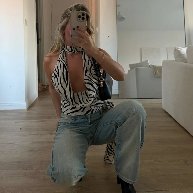 Zebra Swinging Collar Hollow Out Halter Top
