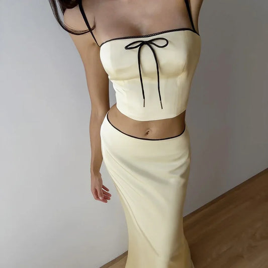 Apricot Satin Backless Crop Top and Midi Skirt Two Piece Set