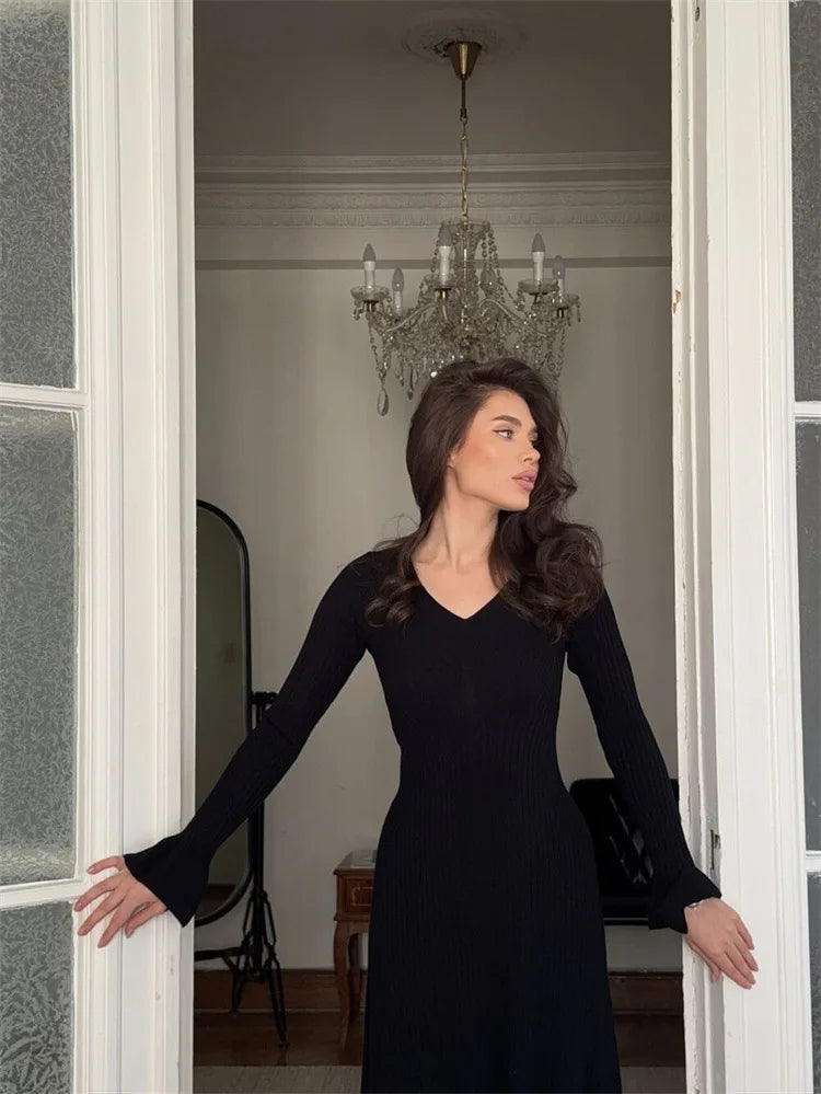 V-Neck Ribbed Knit Dress Patchwork Ruffled Slim High Waist Long Sleeve Bodycon Dress Knit Vintage Maxi Dress