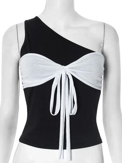 One-Shoulder Bow Contrast Color Tank Top
