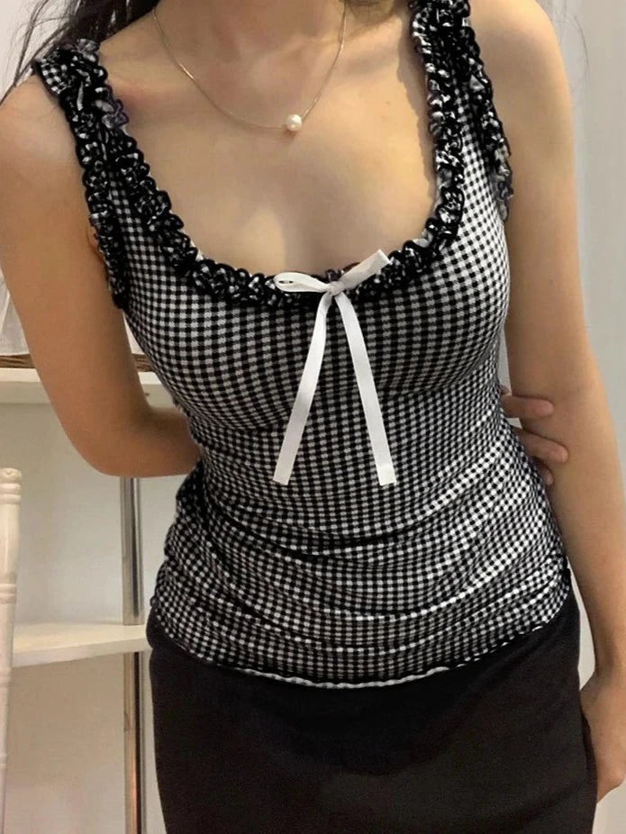 Plaid Bow Ruffles Top