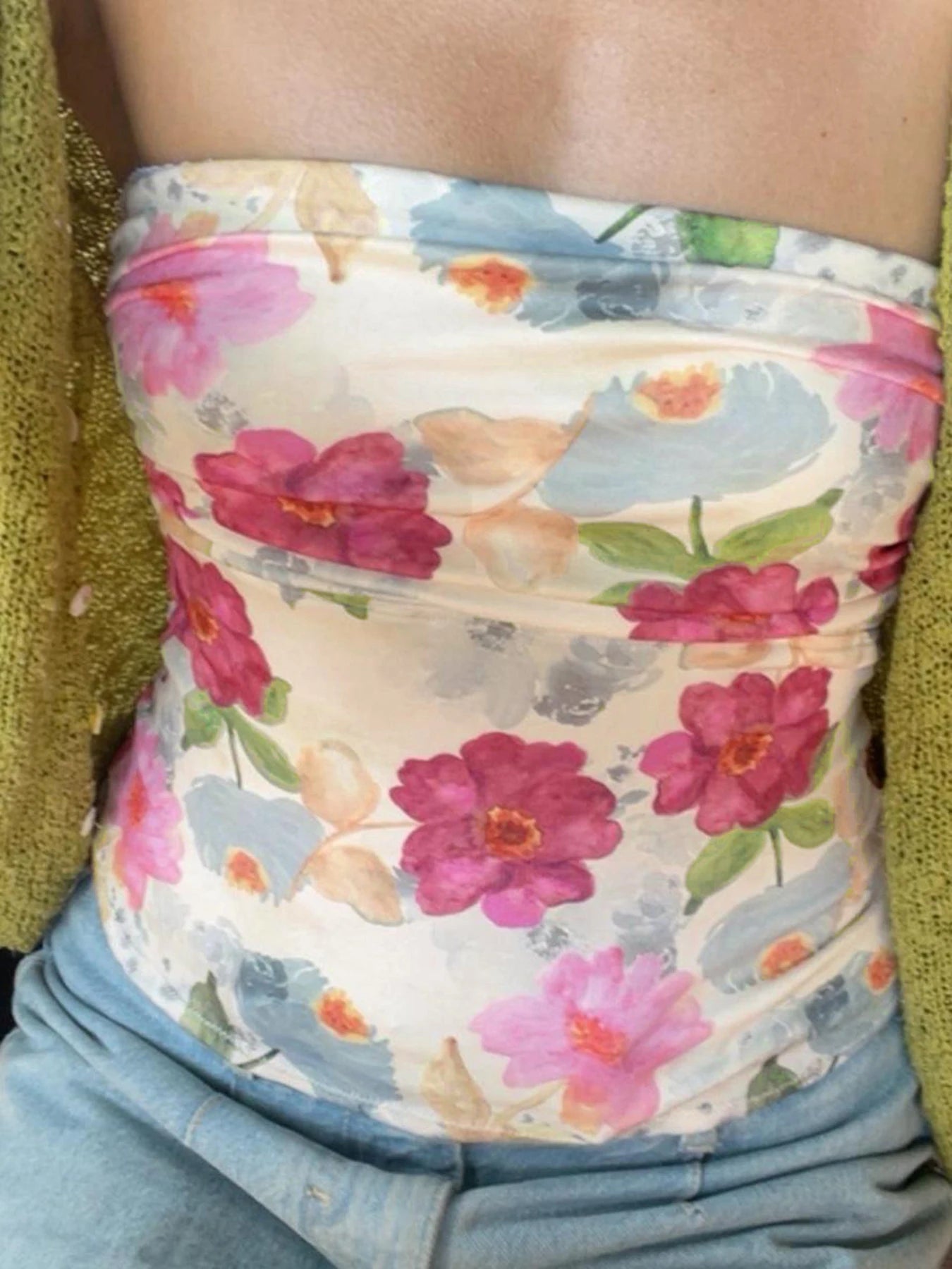 Floral Print Tube Top Backless 's Bustiers Slim Crop Camisole