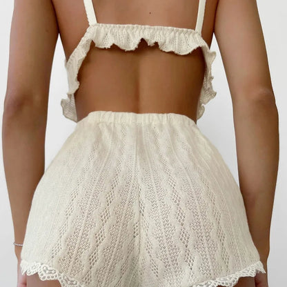 Lace Patchwork Pajama Set - Spaghetti Strap Top & Shorts