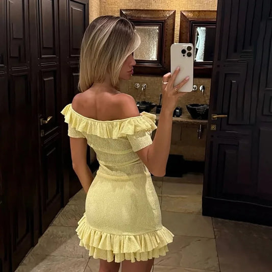Yellow Ruffled Off Shoulder Short Dress