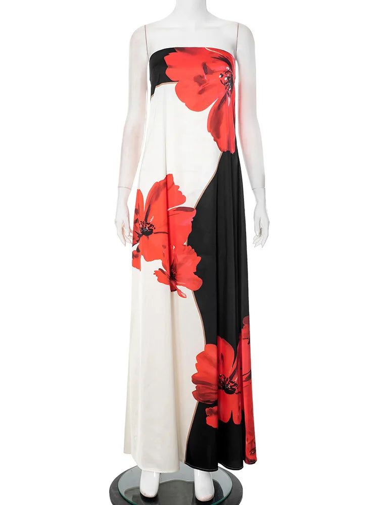 Strapless Floral Maxi Dress R Backless Off Shoulder Dress Loose