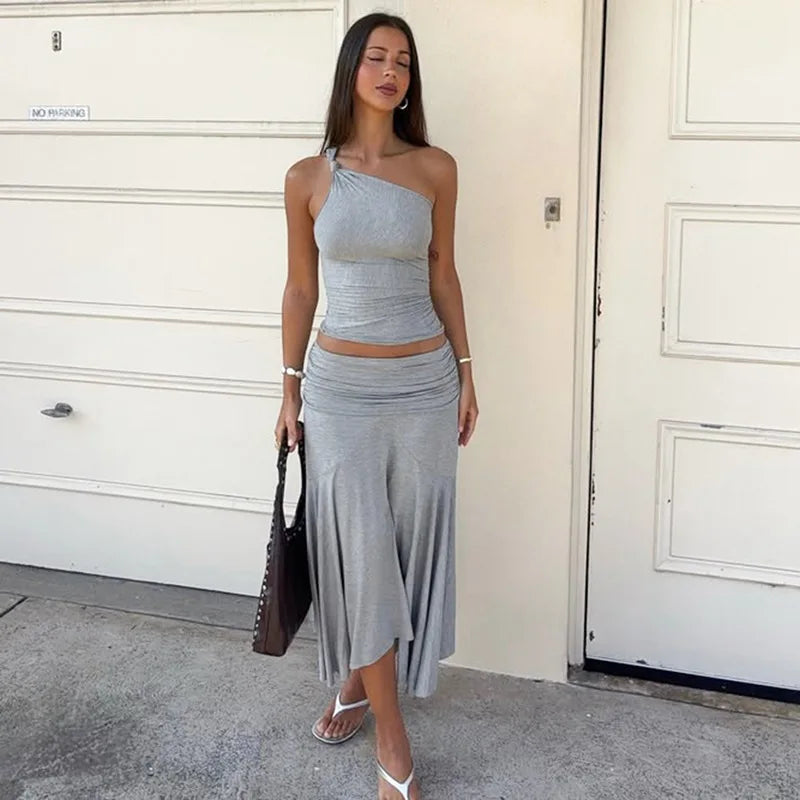 Gray Backless Top and Midi Skirt Set