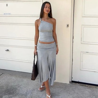Gray Backless Top and Midi Skirt Set