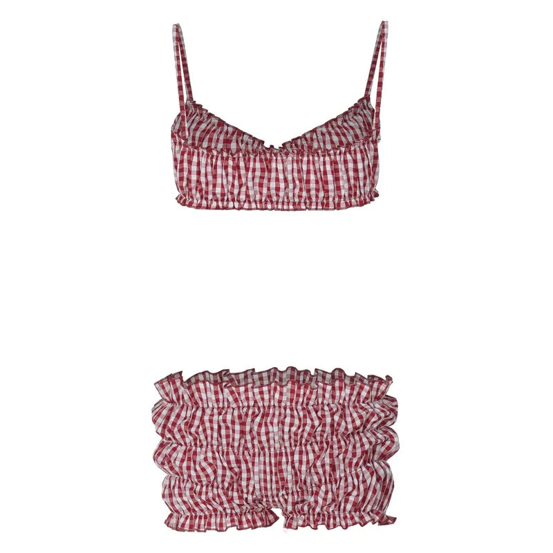 Red Backless Plaid Top Shorts Two Piece Set