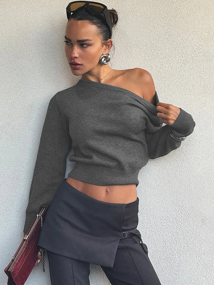 Inclined Shoulder Long Sleeve Slim Sweater