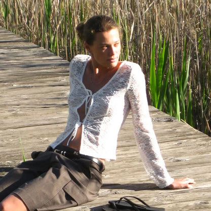 Lace Hollow Out See Through Long Sleeve Top