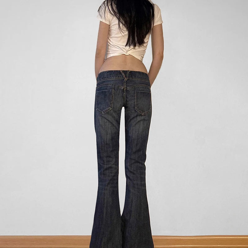 Low Waisted Washed Flared Jeans Button Pants Slim Pockets Bottoms