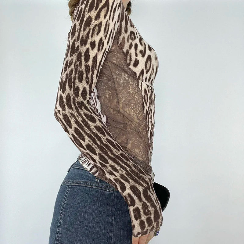 Leopard Print 's Top Tee Lace Patchwork Brown Slim Shirts Long Sleeves Crewneck
