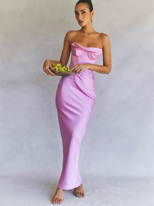 Satin Maxi Bodycon Dress Event Night Wedding Guest Dress Corset Dress Pink Slit Dress High Quality