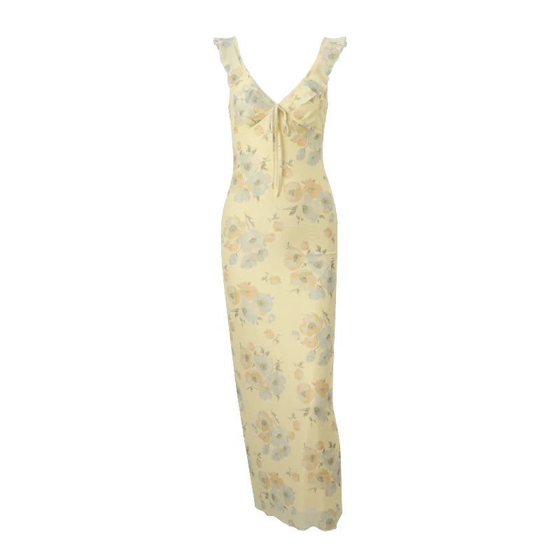Yellow Floral Backless Ruffle Midi Dress
