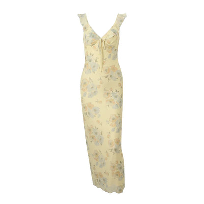 Yellow Floral Backless Ruffle Midi Dress