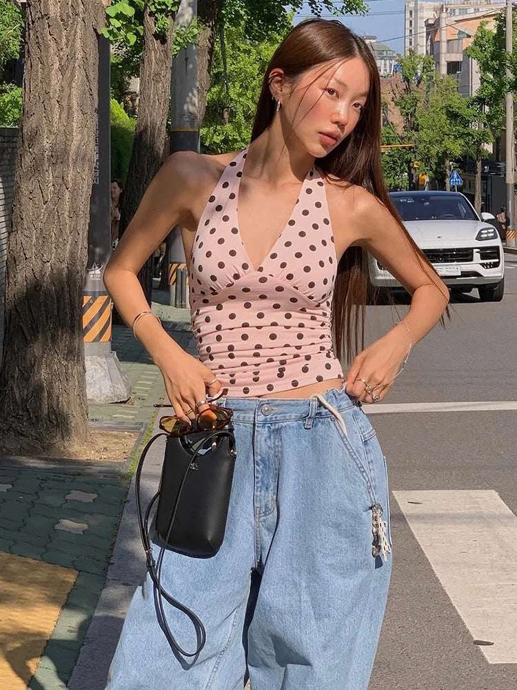 V-Neck Halter Vest - Backless Polka Dot Summer Top