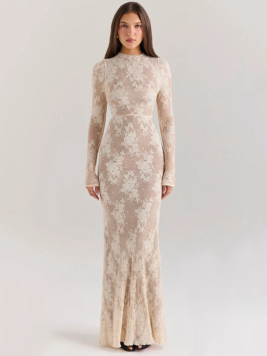 Lace Long Sleeve Maxi Dress White Zipper Half High Collar Bodycon Long Dress