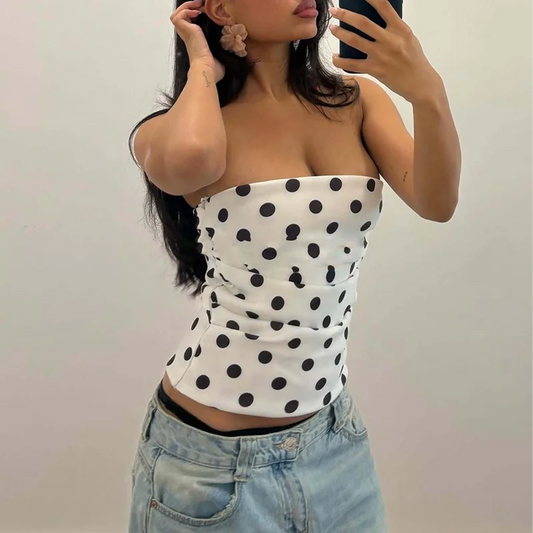 White Backless Slim Ruched Polka Dot Tank Top