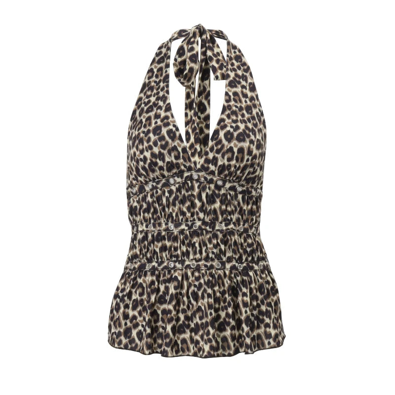 Leopard V-Neck Backless Halter Sleeveless Top