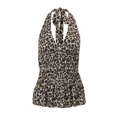 Leopard V-Neck Backless Halter Sleeveless Top