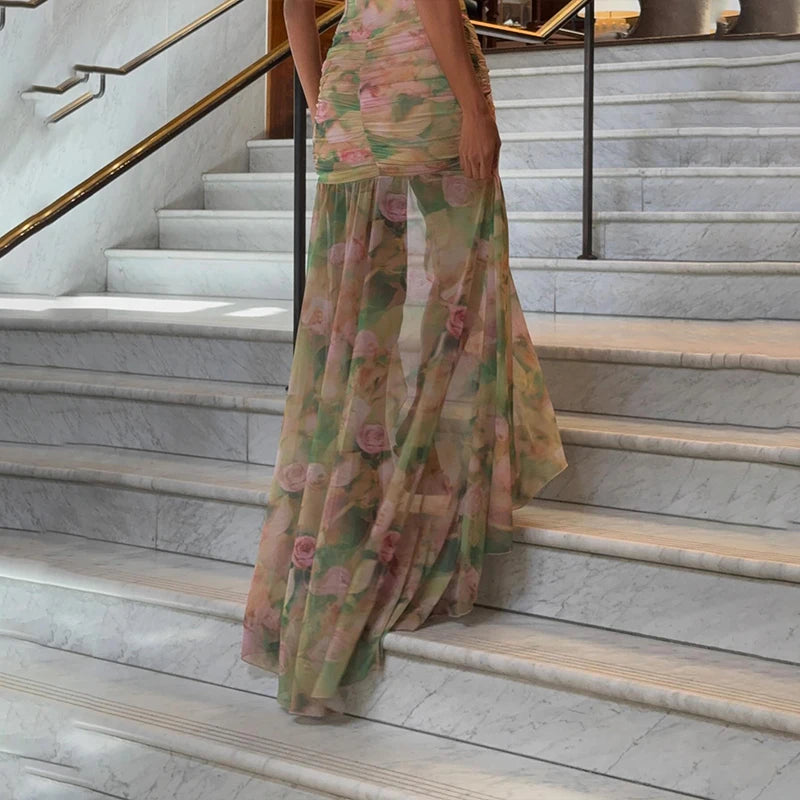 Green Floral Bodycon Split Maxi Dress