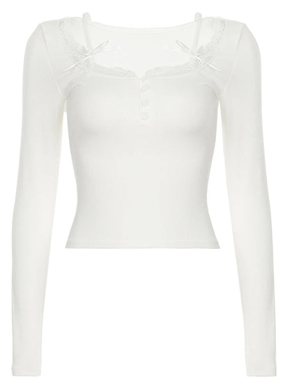 Lace Patchwork Bows Button T-shirt with Square Collar WHITE