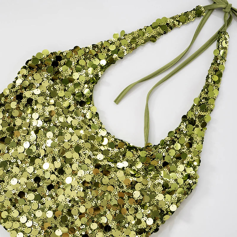 Green Low-Cut Sequin Backless Tank Top