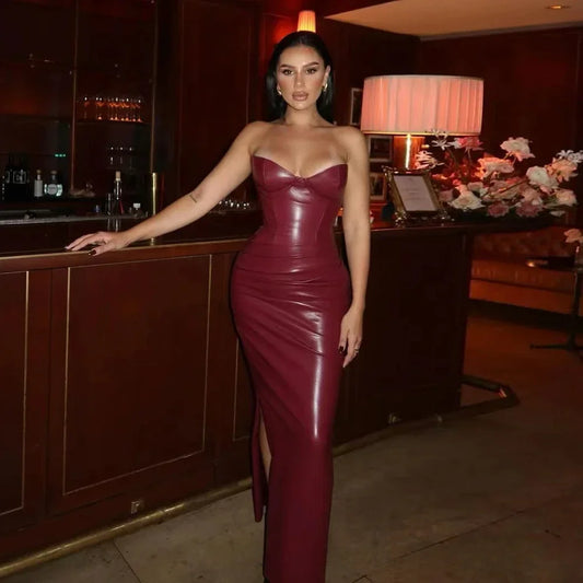 Strapless Dress Wine PU Corset Dress Midi Bodycon Night Event Dress