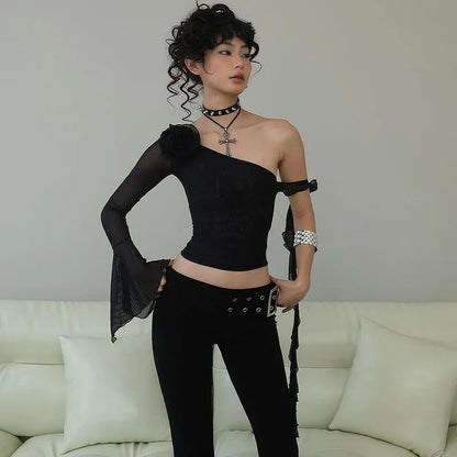 Flare Sleeve 3D Floral Lace-up Crop Top