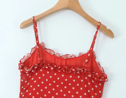 Red Polka Dot Ruffle A-Line Midi Dress